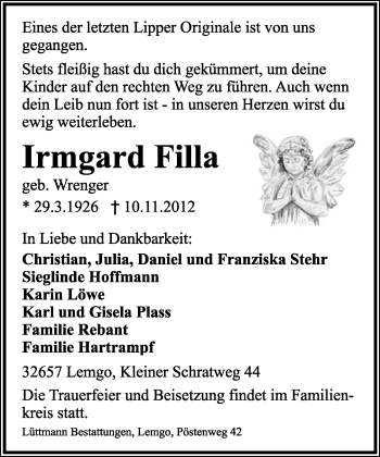 Anzeige  Irmgard Filla  Lippische Landes-Zeitung