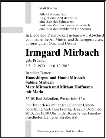 Anzeige  Irmgard Mirbach  Lippische Landes-Zeitung