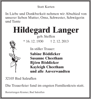 Anzeige  Hildegard Langer  Lippische Landes-Zeitung