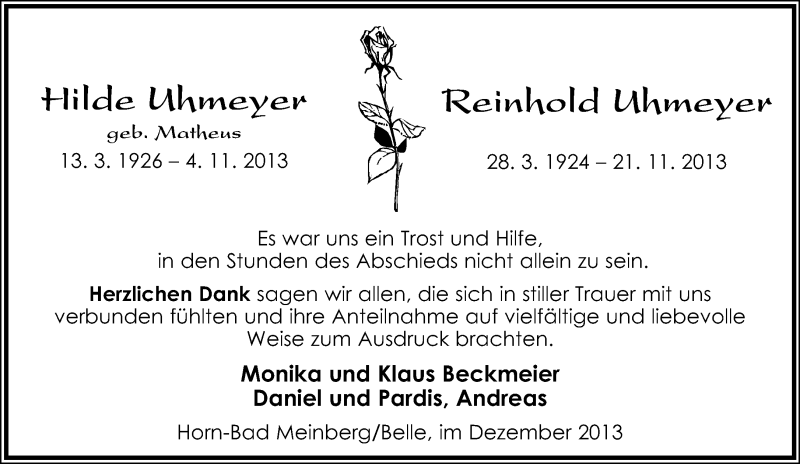  Traueranzeige für Reinhold Uhmeyer vom 14.12.2013 aus Lippische Landes-Zeitung