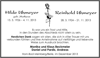 Anzeige  Reinhold Uhmeyer  Lippische Landes-Zeitung