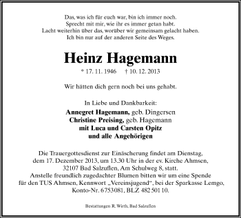 Anzeige  Heinz Hagemann  Lippische Landes-Zeitung