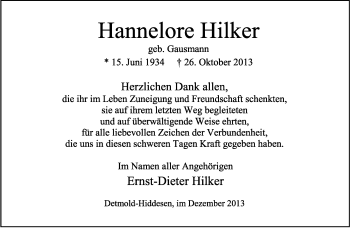 Anzeige  Hannelore Hilker  Lippische Landes-Zeitung