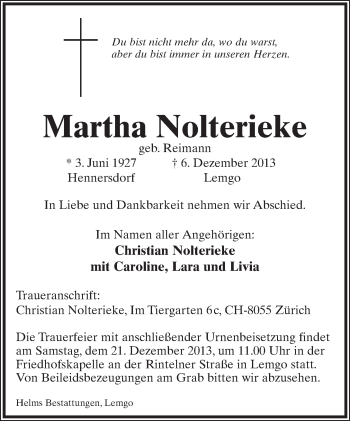 Anzeige  Martha Nolterieke  Lippische Landes-Zeitung