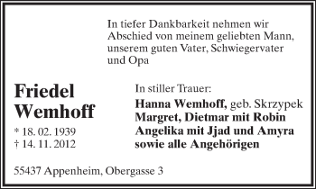 Anzeige  Friedel Wemhoff  Lippische Landes-Zeitung
