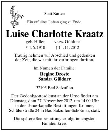 Anzeige  Luise Charlotte Kraatz  Lippische Landes-Zeitung