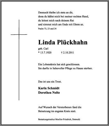 Anzeige  Linda Plückhahn  Lippische Landes-Zeitung