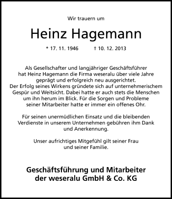 Anzeige  Heinz Hagemann  Lippische Landes-Zeitung