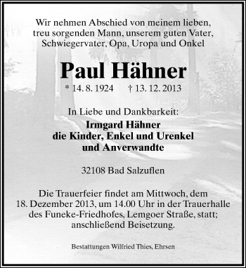 Anzeige  Paul Hähner  Lippische Landes-Zeitung