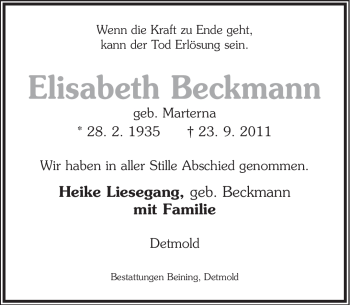 Anzeige  Elisabeth Beckmann  Lippische Landes-Zeitung
