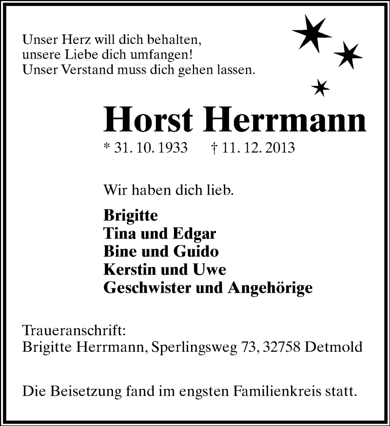  Traueranzeige für Horst Herrmann vom 17.12.2013 aus Lippische Landes-Zeitung