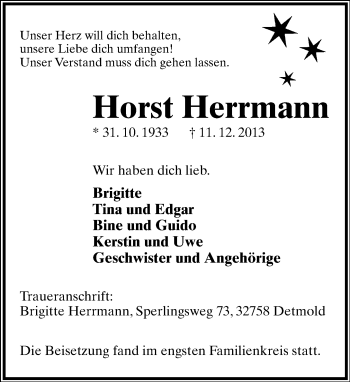 Anzeige  Horst Herrmann  Lippische Landes-Zeitung