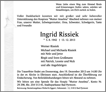 Anzeige  Ingrid Rissiek  Lippische Landes-Zeitung