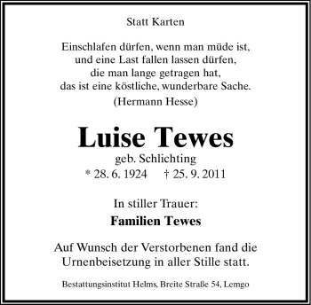 Anzeige  Luise Tewes  Lippische Landes-Zeitung