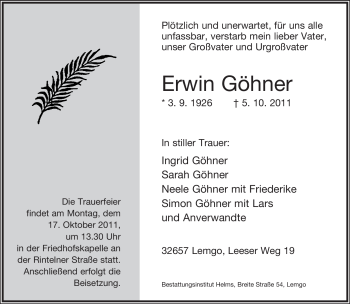 Anzeige  Erwin Göhner  Lippische Landes-Zeitung