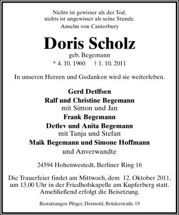 Anzeige  Doris Scholz  Lippische Landes-Zeitung