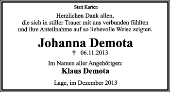 Anzeige  Johanna Demota  Lippische Landes-Zeitung