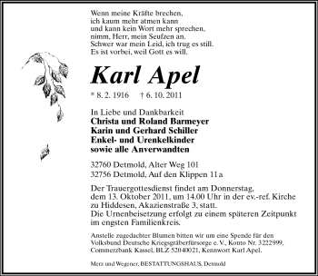 Anzeige  Karl Apel  Lippische Landes-Zeitung