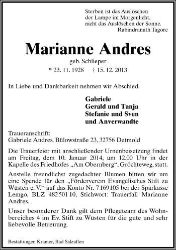 Anzeige  Marianne Andres  Lippische Landes-Zeitung