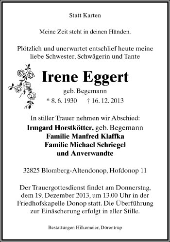 Anzeige  Irene Eggert  Lippische Landes-Zeitung