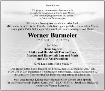 Anzeige  Werner Burmeier  Lippische Landes-Zeitung