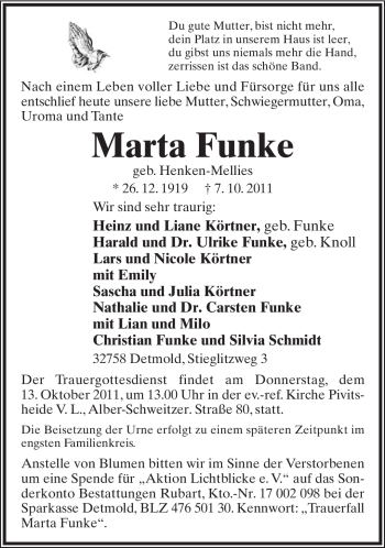 Anzeige  Marta Funke  Lippische Landes-Zeitung
