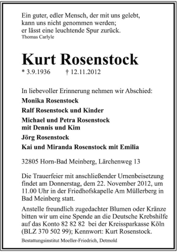 Anzeige  Kurt Rosenstock  Lippische Landes-Zeitung