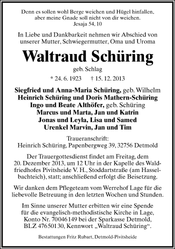 Anzeige  Waltraud Schüring  Lippische Landes-Zeitung