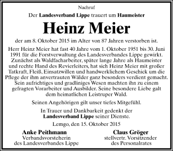 Anzeige  Heinz Meier  Lippische Landes-Zeitung