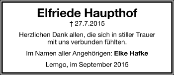 Anzeige  Elfriede Haupthof  Lippische Landes-Zeitung