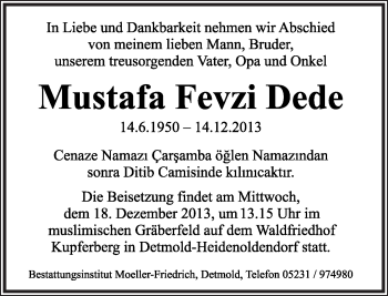 Anzeige  Mustafa Fevzi Dede  Lippische Landes-Zeitung