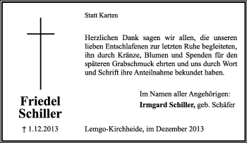 Anzeige  Friedel Schiller  Lippische Landes-Zeitung