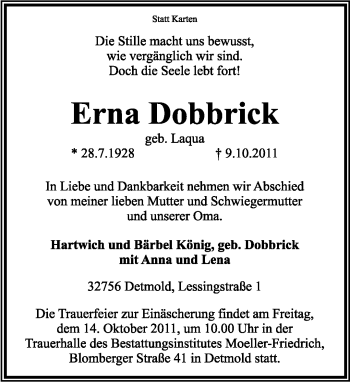 Anzeige  Erna Dobbrick  Lippische Landes-Zeitung