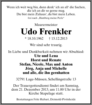Anzeige  Udo Frenkler  Lippische Landes-Zeitung