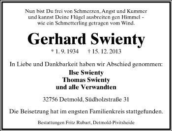 Anzeige  Gerhard Swienty  Lippische Landes-Zeitung
