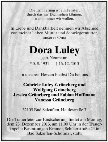Anzeige  Dora Luley  Lippische Landes-Zeitung
