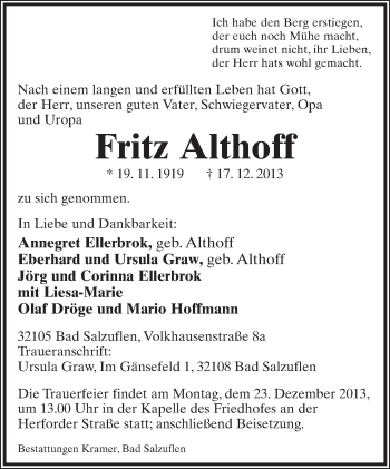 Anzeige  Fritz Althoff  Lippische Landes-Zeitung
