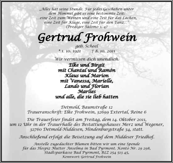 Anzeige  Gertrud Frohwein  Lippische Landes-Zeitung