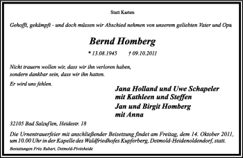 Anzeige  Bernd Homberg  Lippische Landes-Zeitung