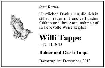 Anzeige  Willi Tappe  Lippische Landes-Zeitung