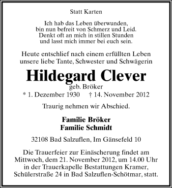 Anzeige  Hildegard Clever  Lippische Landes-Zeitung