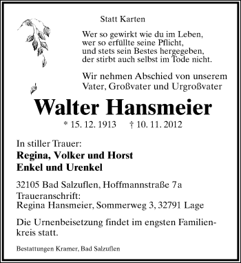Anzeige  Walter Hansmeier  Lippische Landes-Zeitung
