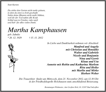 Anzeige  Martha Kamphausen  Lippische Landes-Zeitung