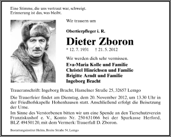 Anzeige  Dieter Zboron  Lippische Landes-Zeitung