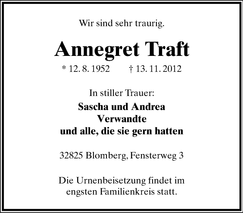  Traueranzeige für Anngret Traft vom 17.11.2012 aus Lippische Landes-Zeitung