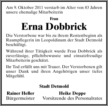 Anzeige  Erna Dobbrick  Lippische Landes-Zeitung