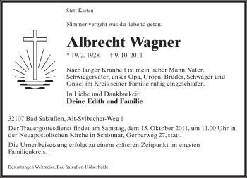 Anzeige  Albrecht Wagner  Lippische Landes-Zeitung