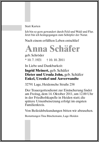 Anzeige  Anna Schäfer  Lippische Landes-Zeitung