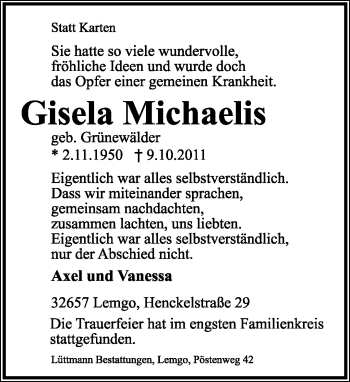 Anzeige  Gisela Michaelis  Lippische Landes-Zeitung