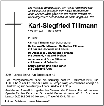 Anzeige  Karl-Siegfried  Tillmann  Lippische Landes-Zeitung